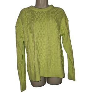 New J Crew Womens Cable Knit‎ Crewneck Sweater Lime Green Cotton Size L Preppy